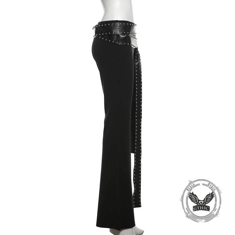 Punk Style Slim Fit Rivet Belt Flared Pants