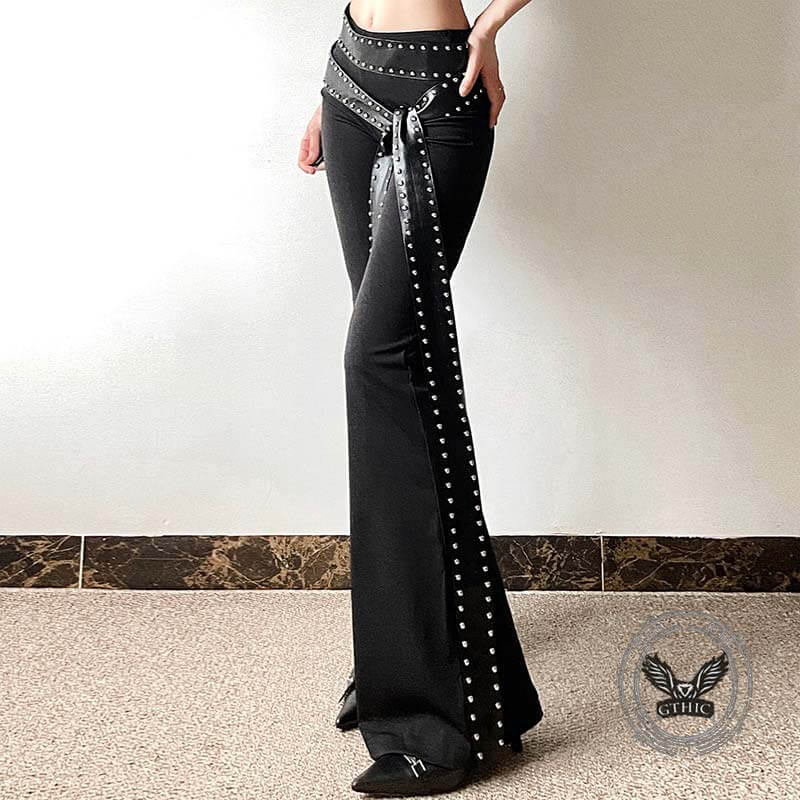 Punk Style Slim Fit Rivet Belt Flared Pants