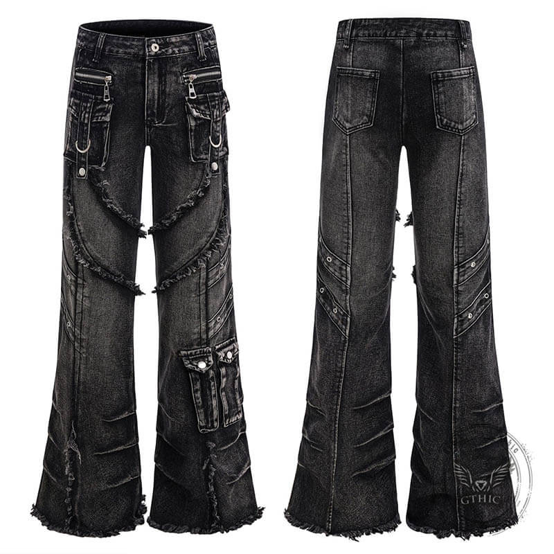 Punk Y2K Style Washed Raw Edge Flared Jeans