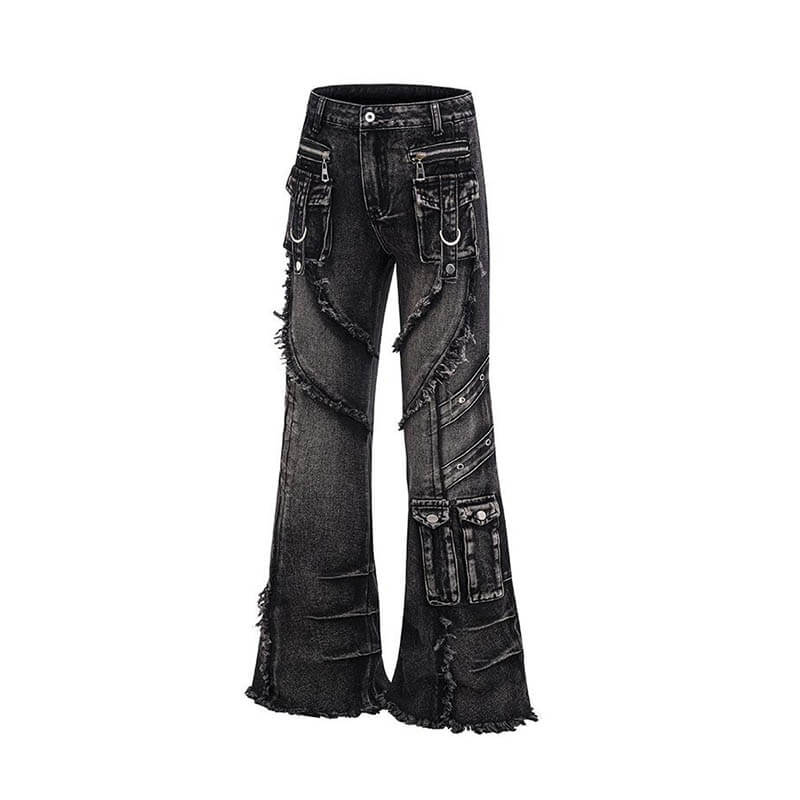 Punk Y2K Style Washed Raw Edge Flared Jeans