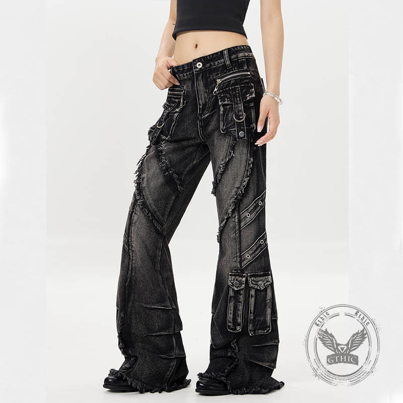 Punk Y2K Style Washed Raw Edge Flared Jeans