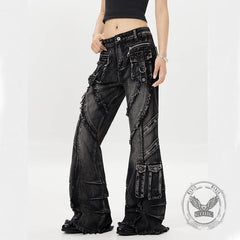 Punk Y2K Style Washed Raw Edge Flared Jeans