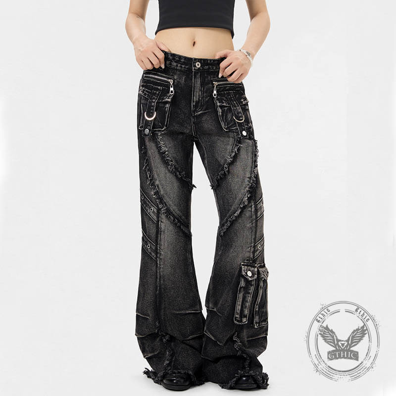 Punk Y2K Style Washed Raw Edge Flared Jeans