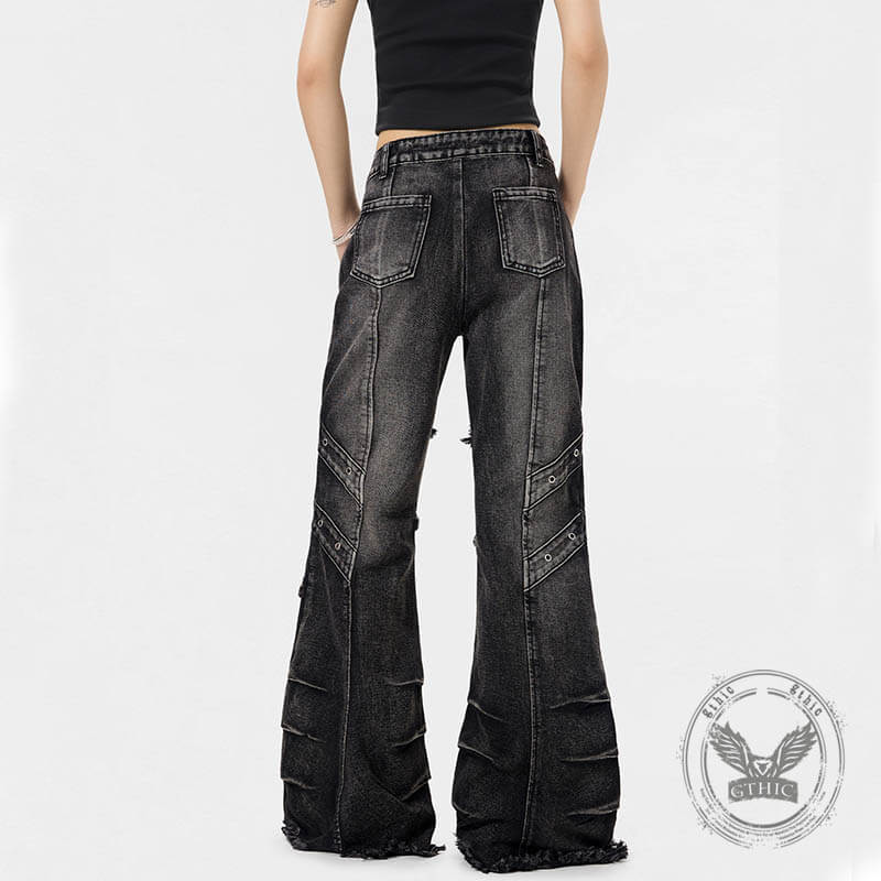 Punk Y2K Style Washed Raw Edge Flared Jeans