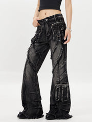 Punk Y2K Style Washed Raw Edge Flared Jeans