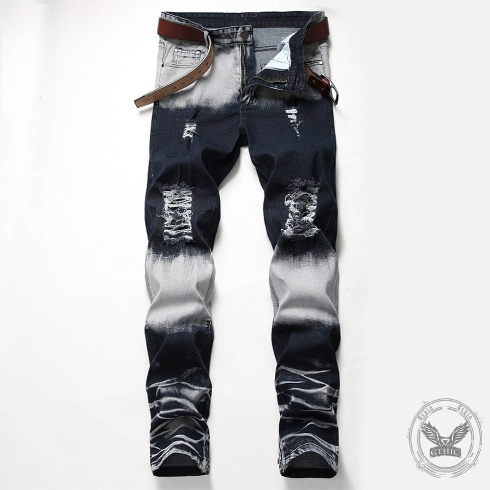 Retro Colorblock Zipper Design Elastic Ripped Jeans