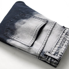 Retro Colorblock Zipper Design Elastic Ripped Jeans