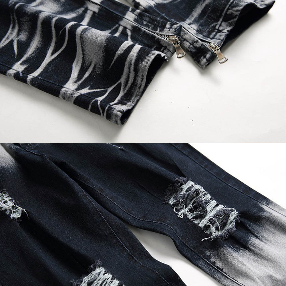 Retro Colorblock Zipper Design Elastic Ripped Jeans