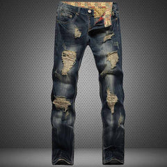 Retro Distressed Straight-Leg Slim Punk Jeans