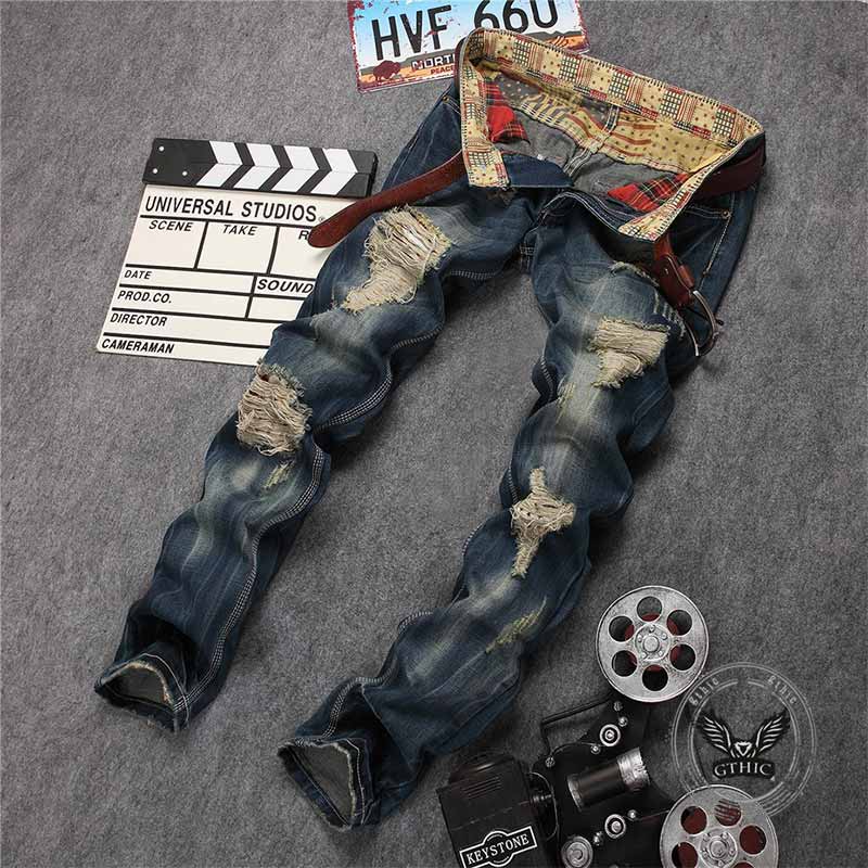 Retro Distressed Straight-Leg Slim Punk Jeans