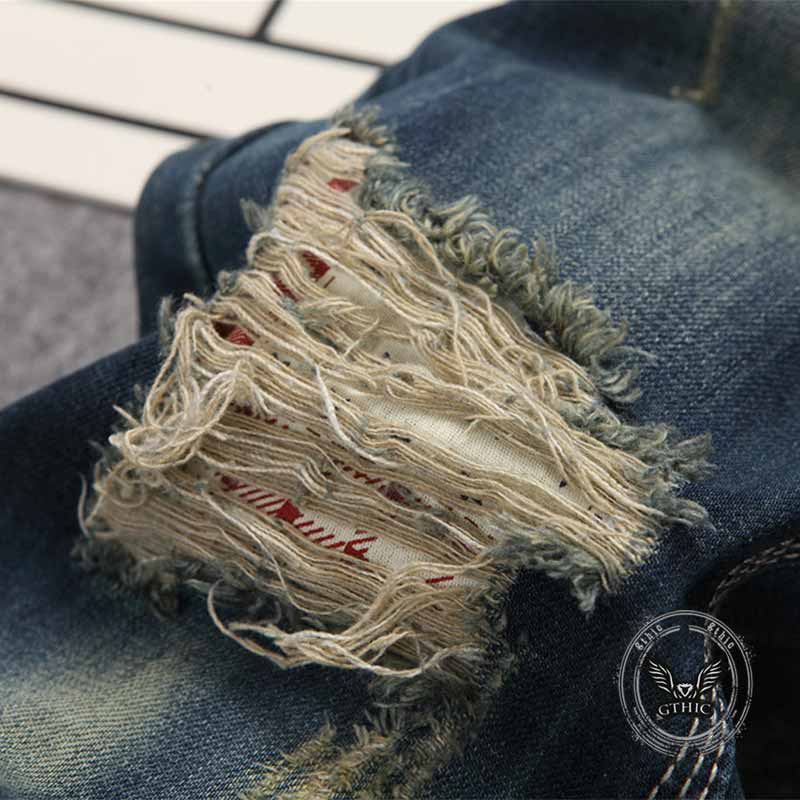 Retro Distressed Straight-Leg Slim Punk Jeans