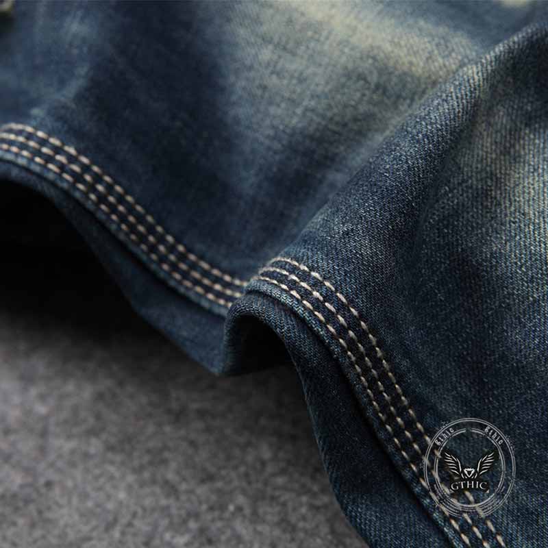 Retro Distressed Straight-Leg Slim Punk Jeans