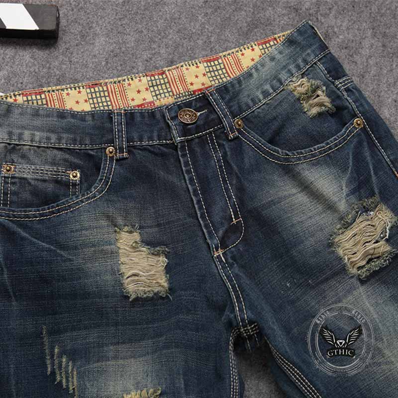 Retro Distressed Straight-Leg Slim Punk Jeans
