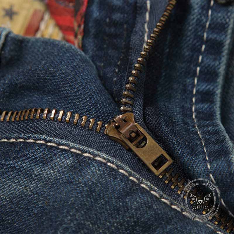 Retro Distressed Straight-Leg Slim Punk Jeans
