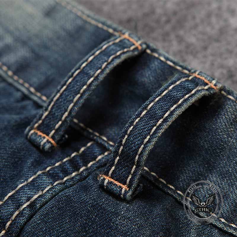 Retro Distressed Straight-Leg Slim Punk Jeans