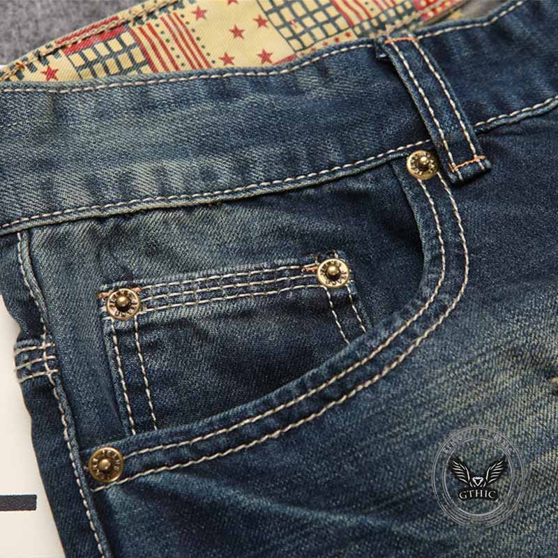 Retro Distressed Straight-Leg Slim Punk Jeans