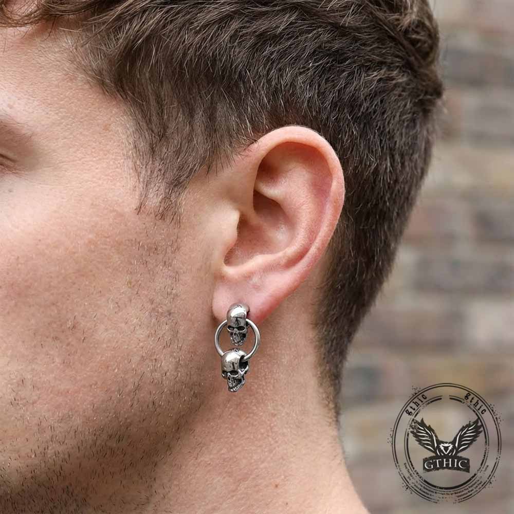 Retro Double Skull Stainless Steel Stud Earrings