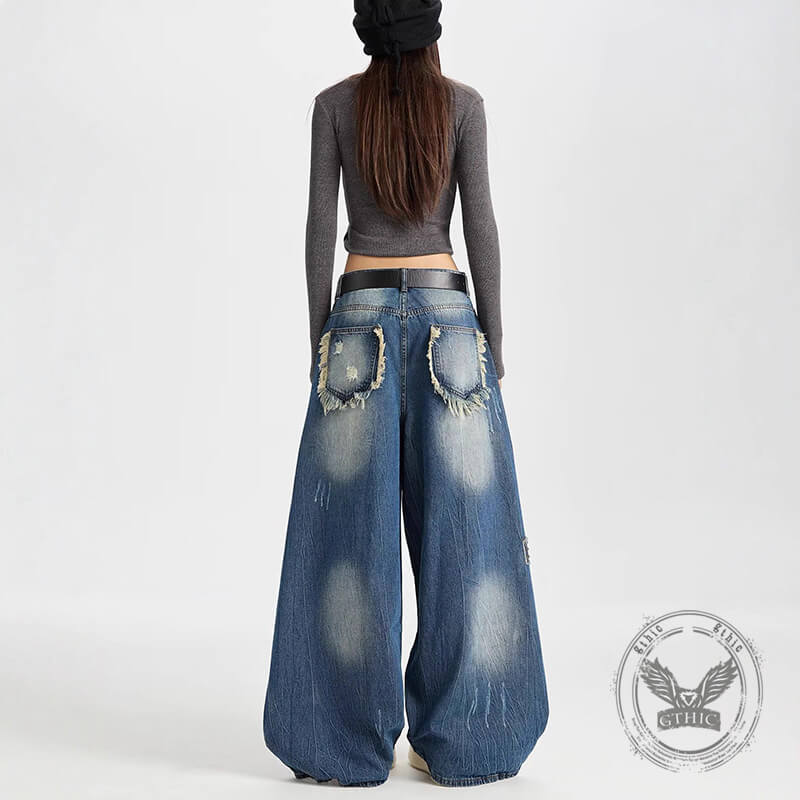 Retro Hip-Hop Rivets Patches Loose Scimitar Jeans