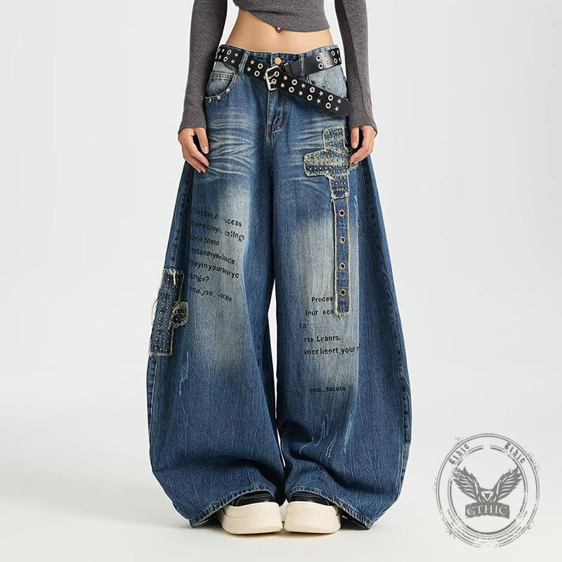 Retro Hip-Hop Rivets Patches Loose Scimitar Jeans