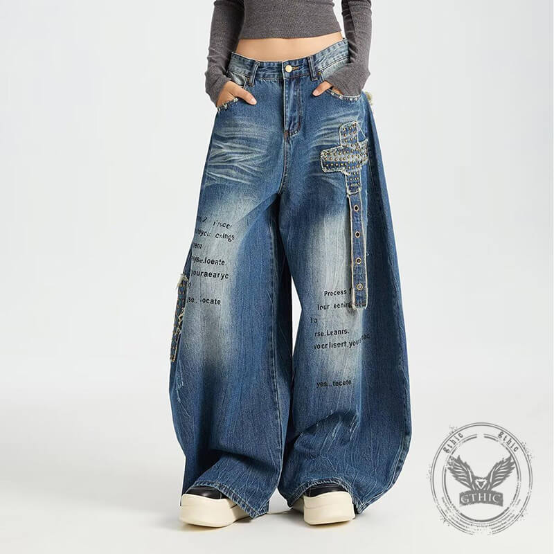 Retro Hip-Hop Rivets Patches Loose Scimitar Jeans