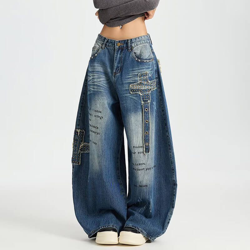 Retro Hip-Hop Rivets Patches Loose Scimitar Jeans