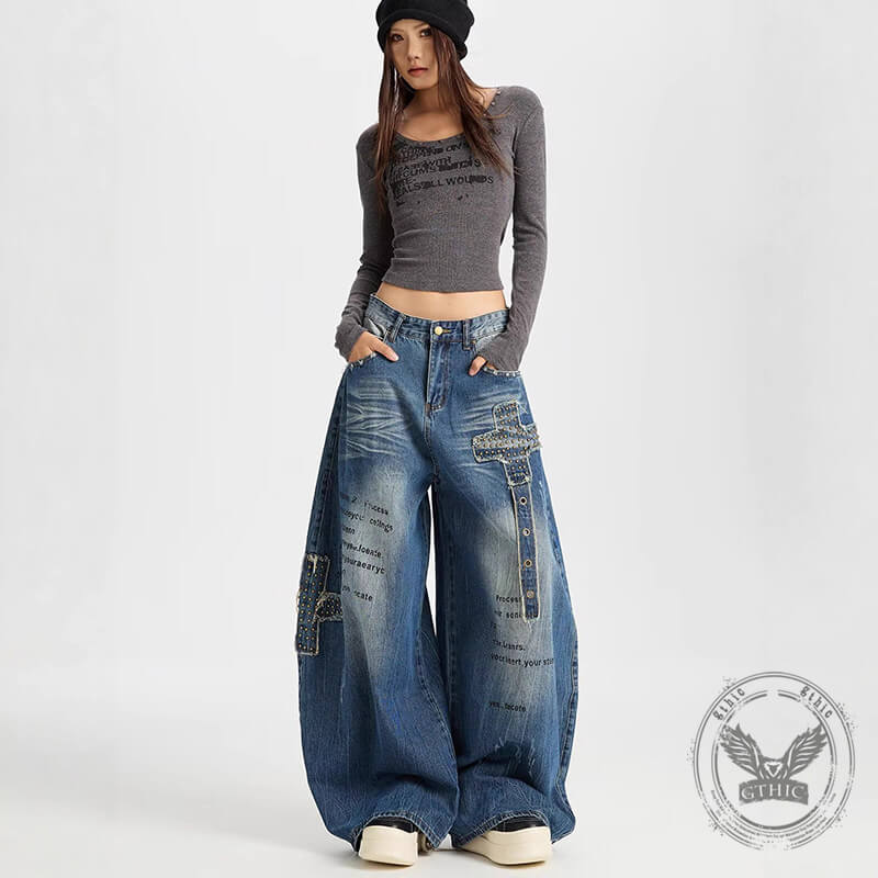 Retro Hip-Hop Rivets Patches Loose Scimitar Jeans