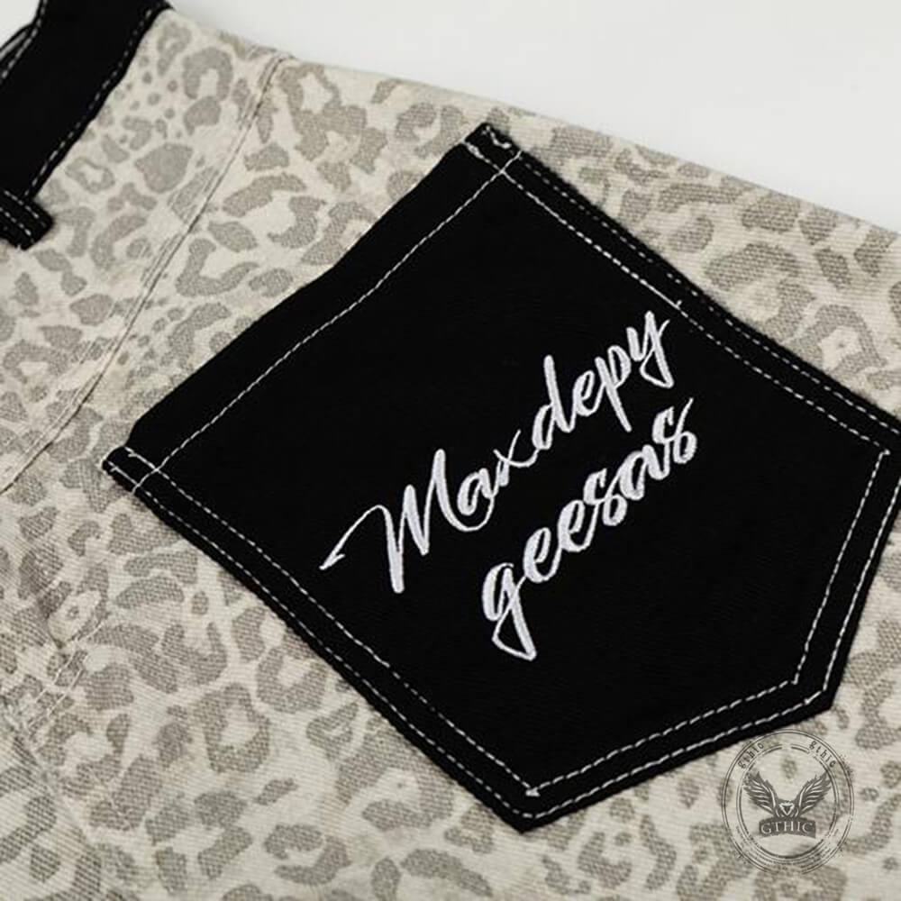 Retro Leopard Print Reverse Pockets Scimitar Jeans