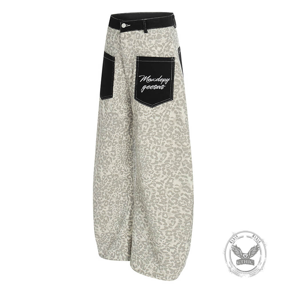 Retro Leopard Print Reverse Pockets Scimitar Jeans