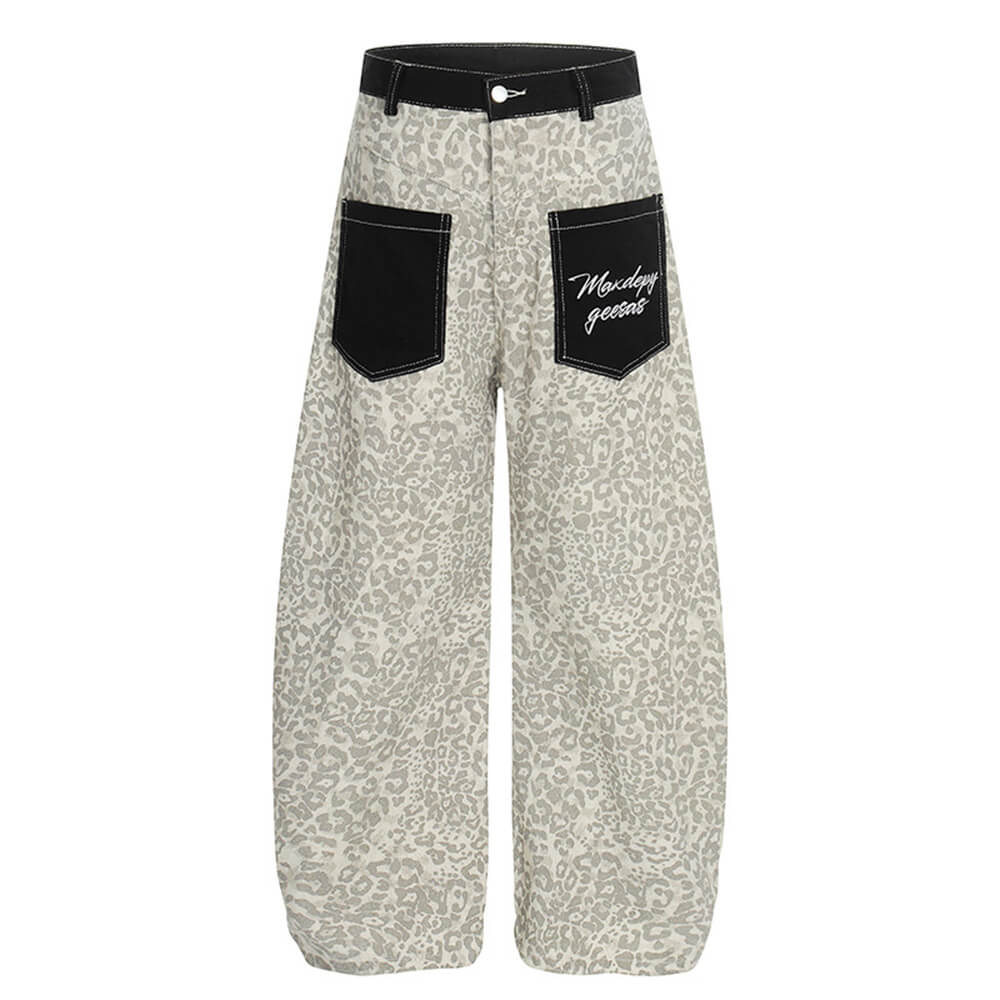 Retro Leopard Print Reverse Pockets Scimitar Jeans