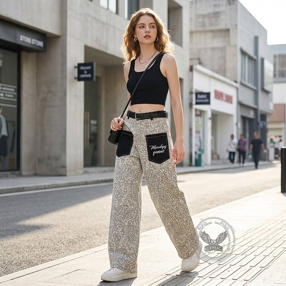 Retro Leopard Print Reverse Pockets Scimitar Jeans