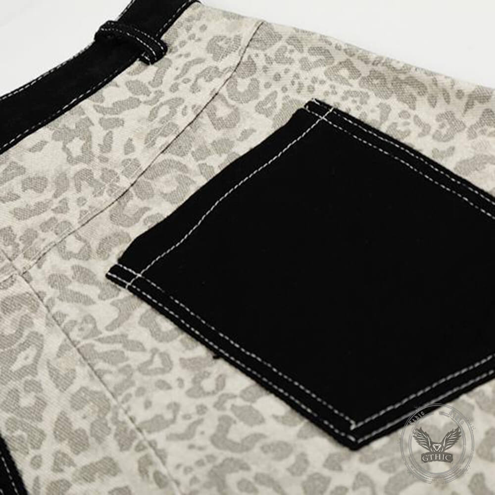 Retro Leopard Print Reverse Pockets Scimitar Jeans