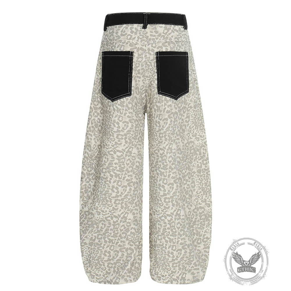 Retro Leopard Print Reverse Pockets Scimitar Jeans