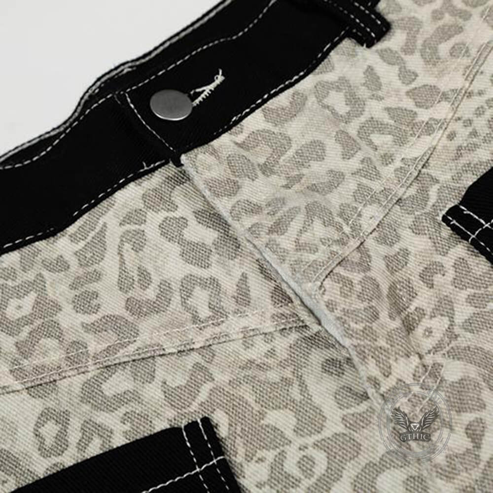 Retro Leopard Print Reverse Pockets Scimitar Jeans
