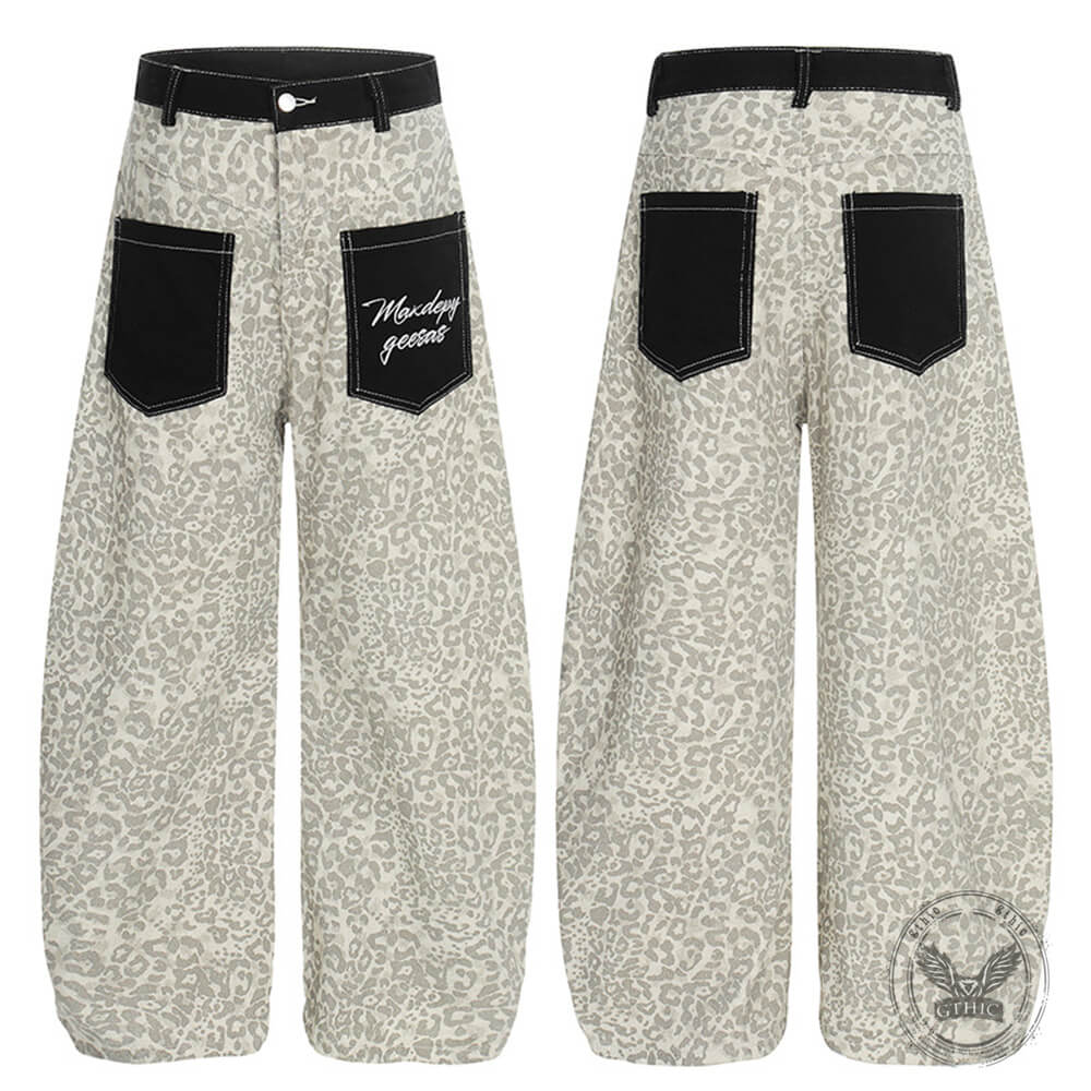 Retro Leopard Print Reverse Pockets Scimitar Jeans