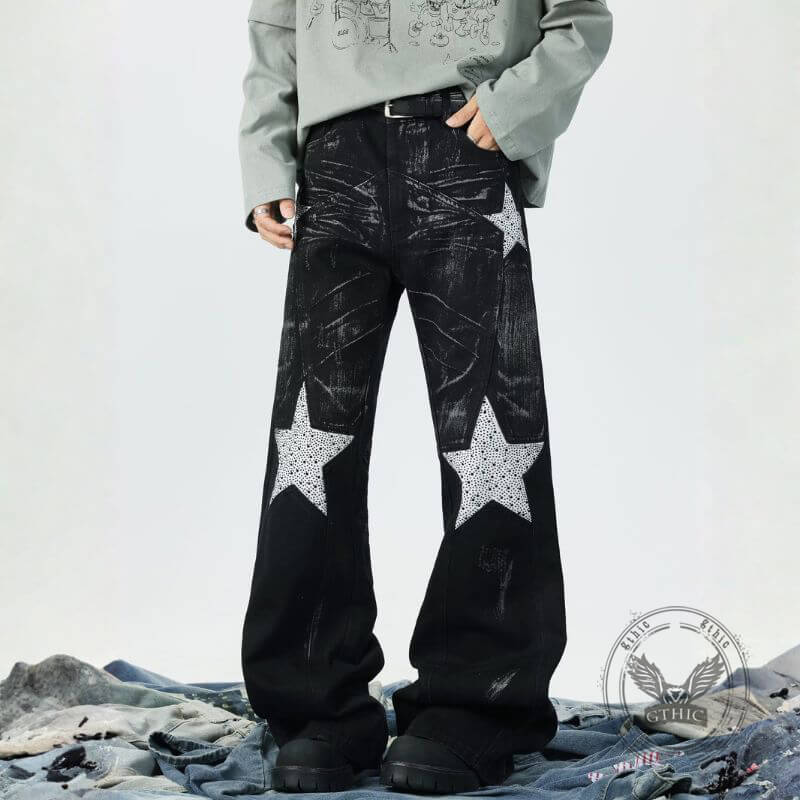 Retro Rhinestone Star Denim Hip-Hop Distressed Flared Pants