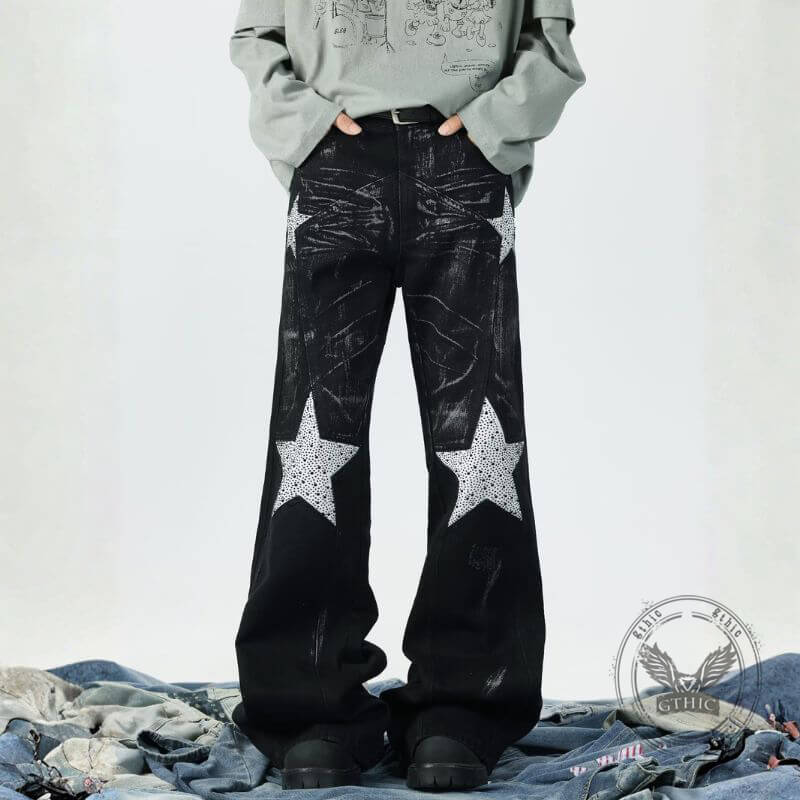 Retro Rhinestone Star Denim Hip-Hop Distressed Flared Pants