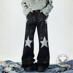 Retro Rhinestone Star Denim Hip-Hop Distressed Flared Pants