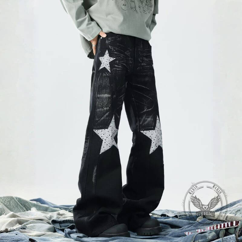 Retro Rhinestone Star Denim Hip-Hop Distressed Flared Pants