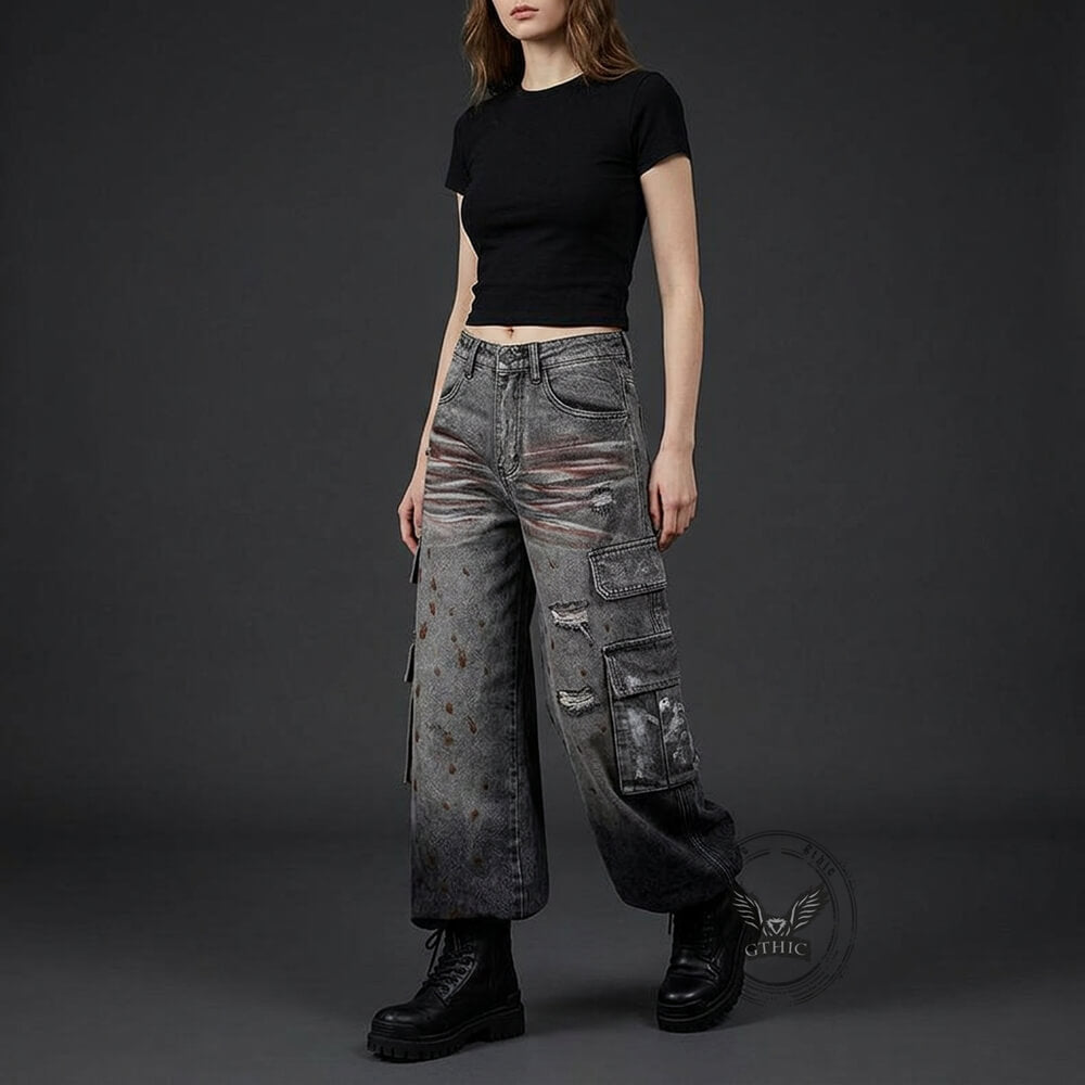 Retro Splatter Paint Distressed Ripped Wide-Leg Jeans