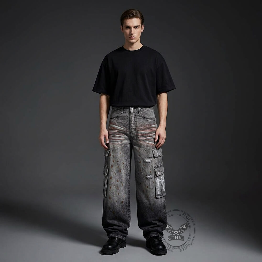 Retro Splatter Paint Distressed Ripped Wide-Leg Jeans