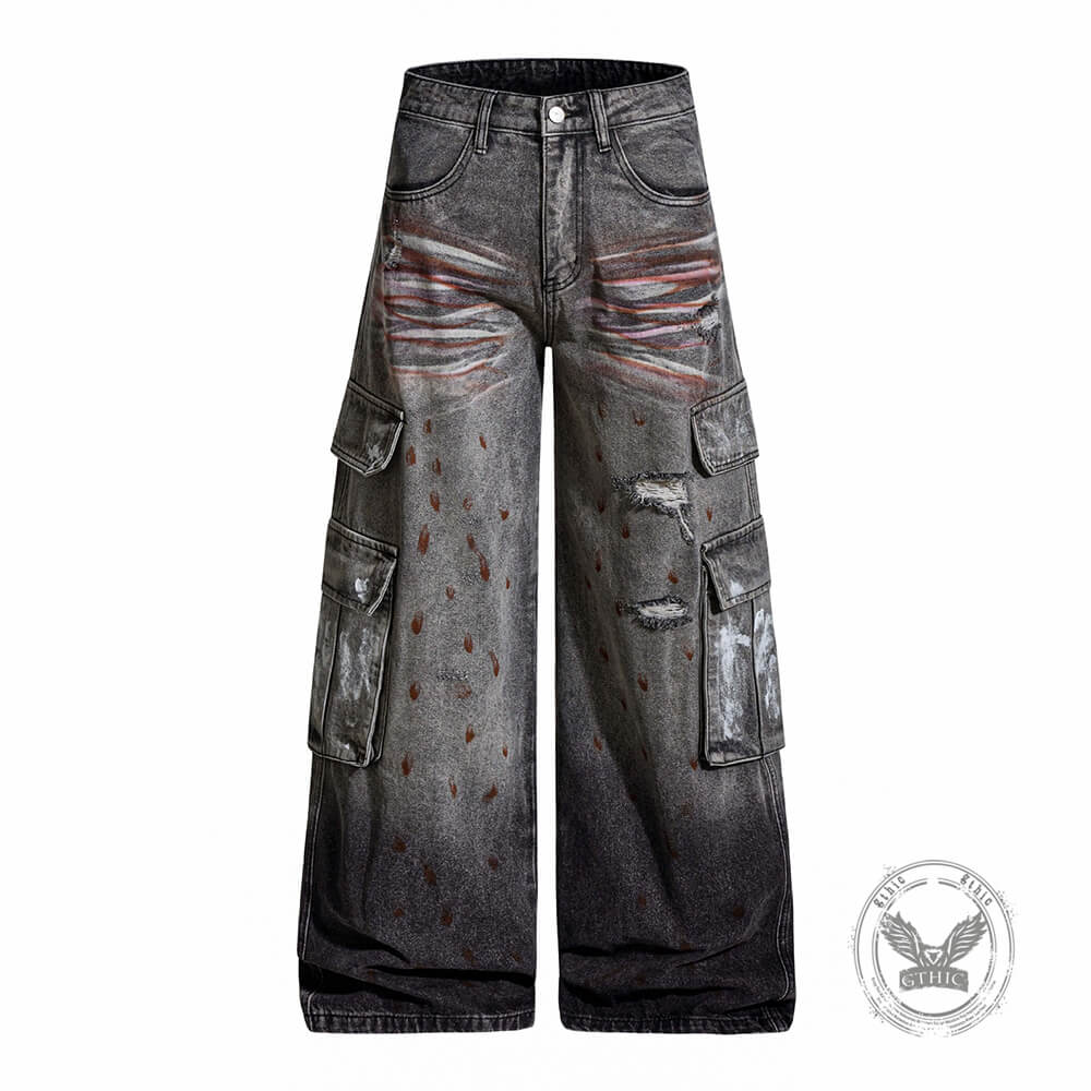 Retro Splatter Paint Distressed Ripped Wide-Leg Jeans
