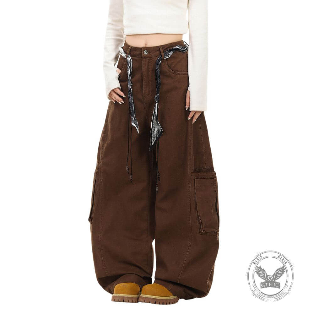 Retro Street Style Loose Wide-Leg Cargo Scimitar Pants