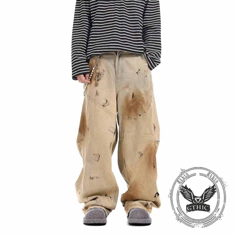 Retro Wasteland Style Distressed Loose Scimitar Jeans