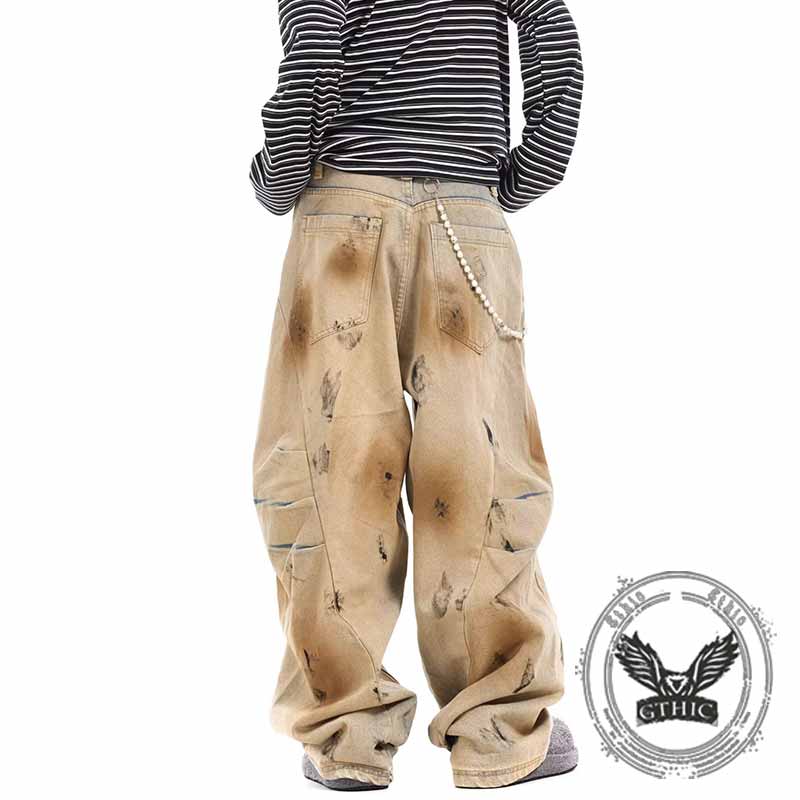 Retro Wasteland Style Distressed Loose Scimitar Jeans