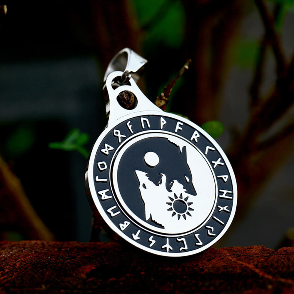 Rotatable Skoll and Hati Wolf Runes Stainless Steel Pendant