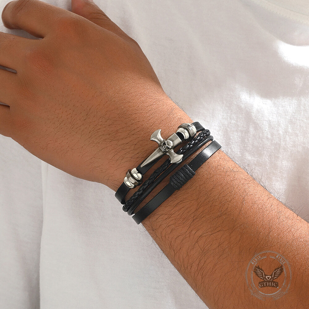 Skull Cross PU Leather Braided Biker Alloy Bracelet