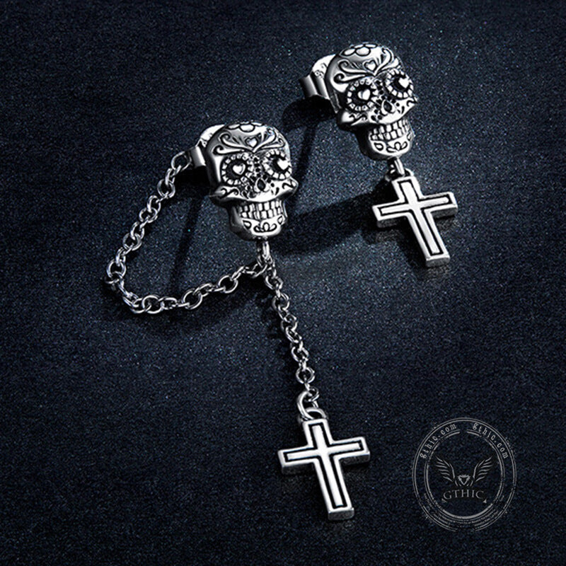 Skull Cross Sterling Silver Asymmetric Stud Earrings