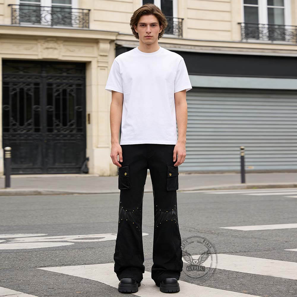 Street-Style Punk Leather Patchwork Flared Pants