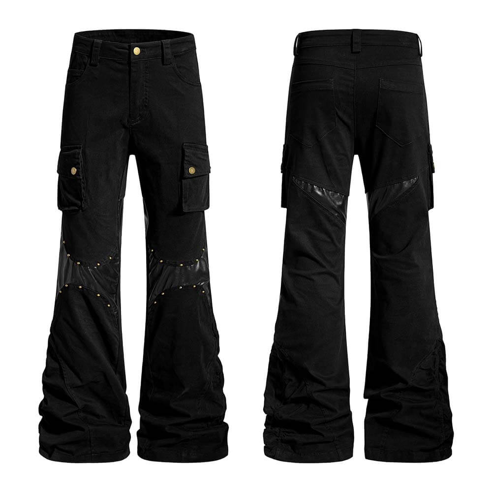 Street-Style Punk Leather Patchwork Flared Pants