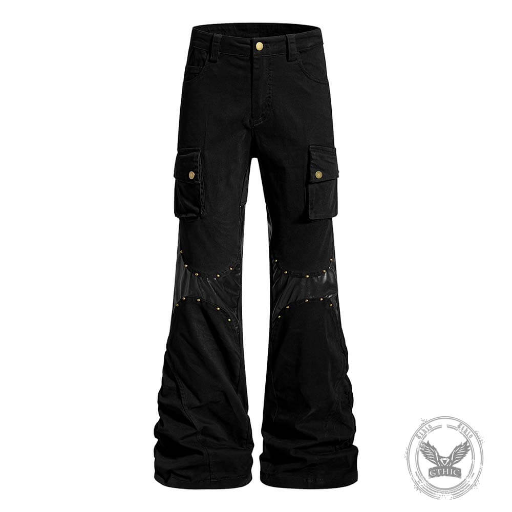 Street-Style Punk Leather Patchwork Flared Pants